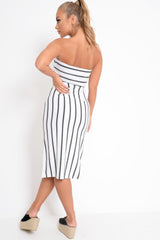 White Black Stripe Bandeau Tie Front Midi Dress - Lodema-Dresses