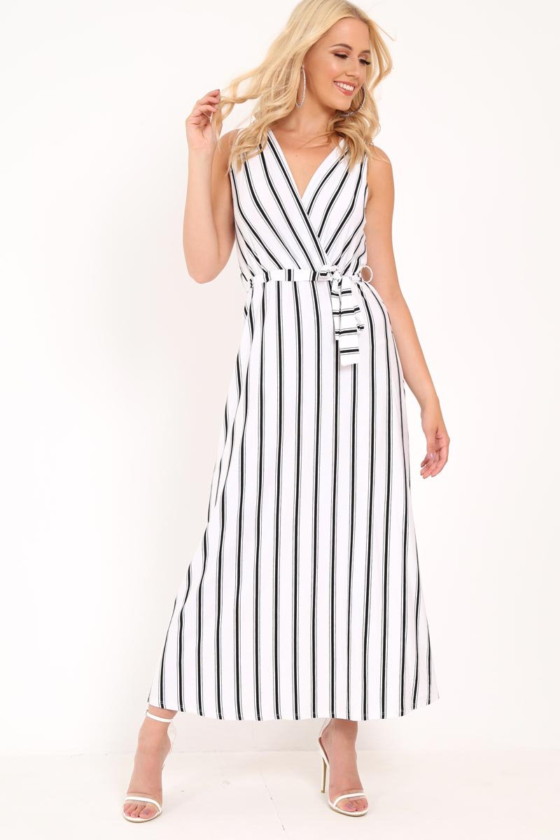 White Black Stripe Plunge Wrap Maxi - Skyelin-Dresses