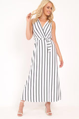 White Black Stripe Plunge Wrap Maxi - Skyelin-Dresses