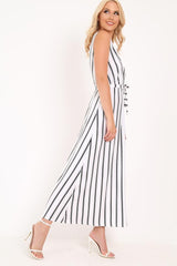 White Black Stripe Plunge Wrap Maxi - Skyelin-Dresses