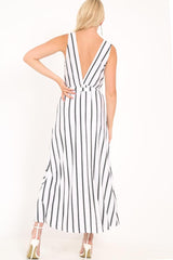 White Black Stripe Plunge Wrap Maxi - Skyelin-Dresses