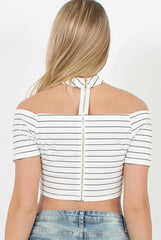 White & Black Striper Chocker Crop Top - Kassidy-Tops