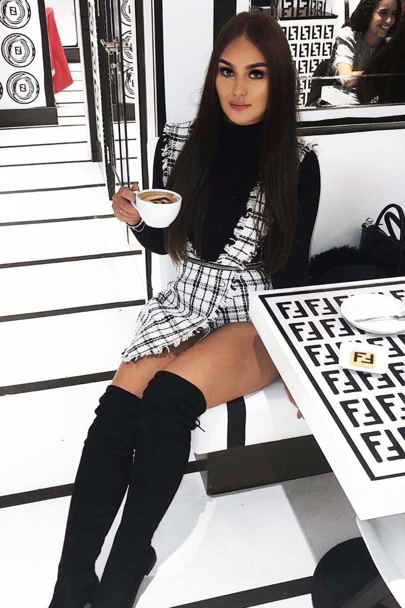 White Black Tweed Pearl Button Playsuit - Jolette-Playsuits