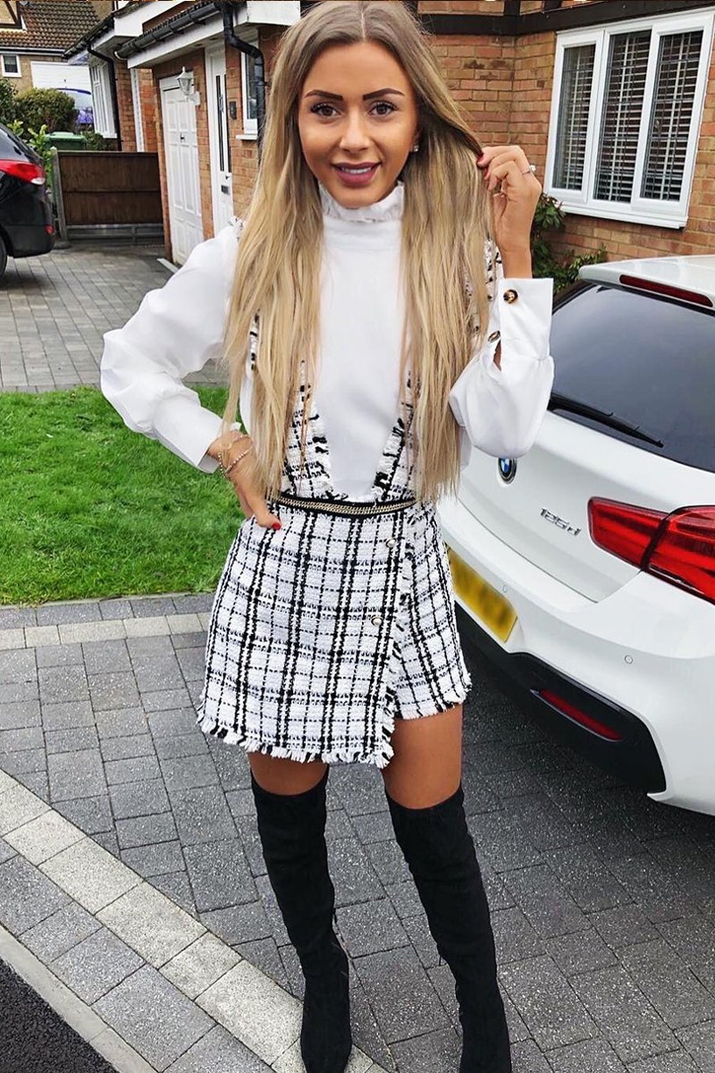 White Black Tweed Pearl Button Playsuit - Jolette-Playsuits