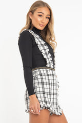 White Black Tweed Pearl Button Playsuit - Jolette-Playsuits