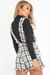 White Black Tweed Pearl Button Playsuit - Jolette-Playsuits