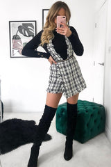 White Black Tweed Pearl Button Playsuit - Jolette-Playsuits