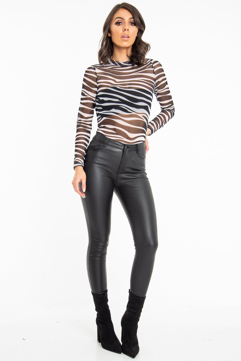 White Black Zebra Mesh High Neck Long Sleeved Top - Soleil-Tops