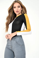 White Black and Mustard Contrast Long Sleeved Bodysuit - Lareen-Bodysuits