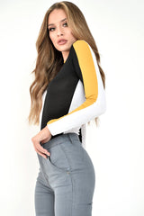 White Black and Mustard Contrast Long Sleeved Bodysuit - Lareen-Bodysuits
