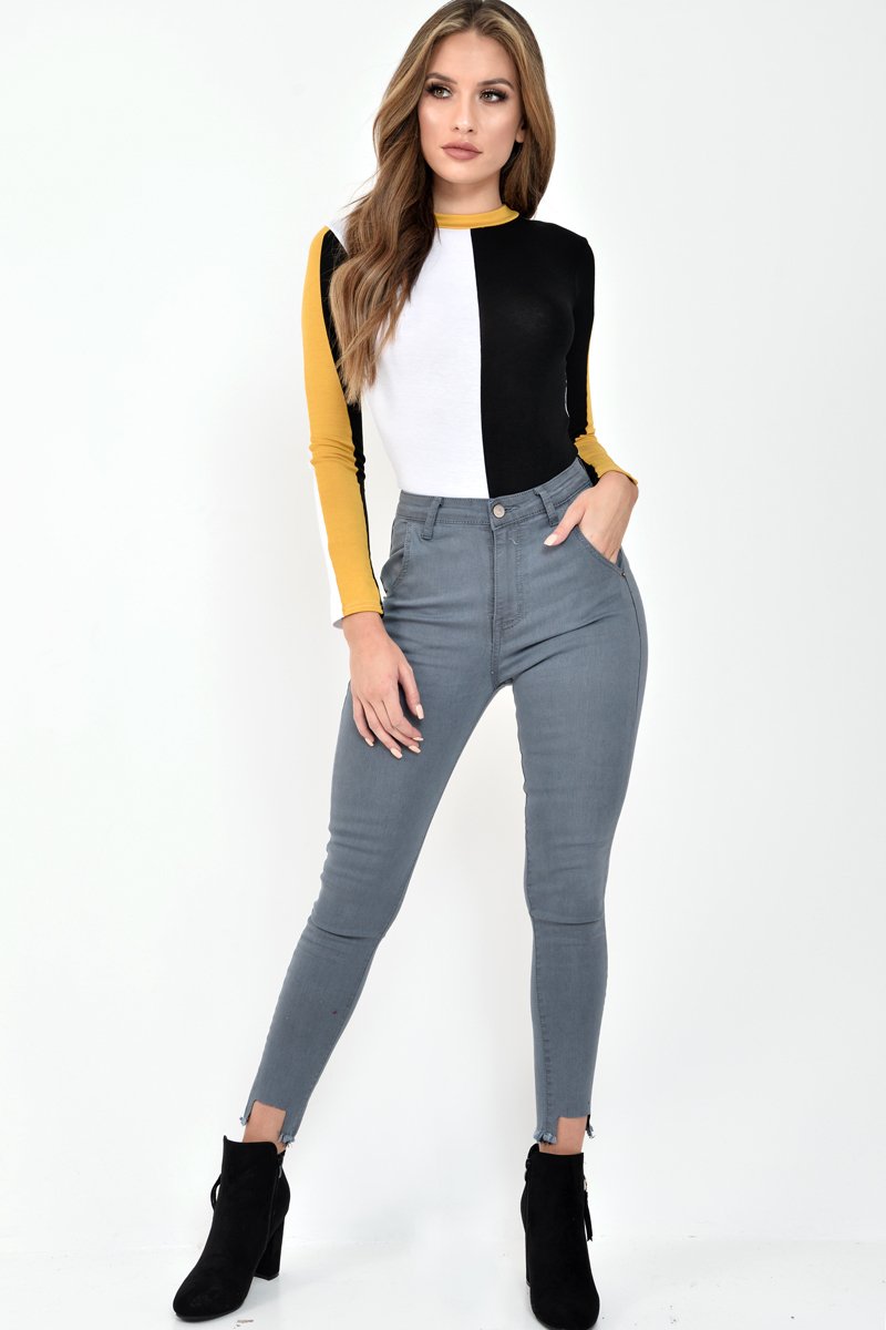 White Black and Mustard Contrast Long Sleeved Bodysuit - Lareen-Bodysuits