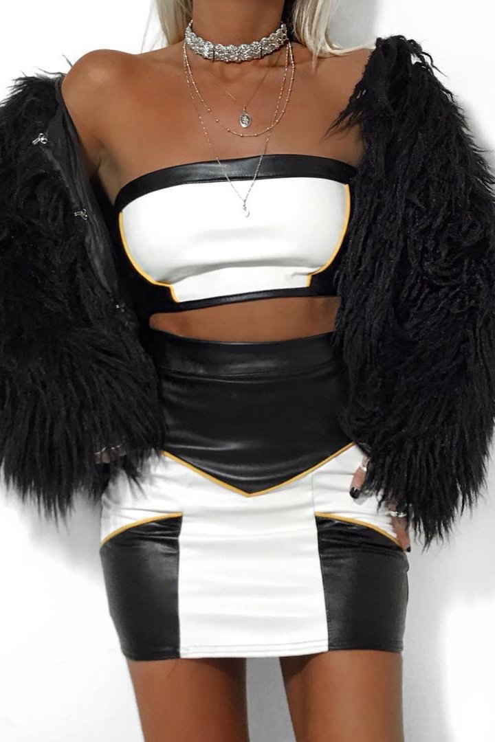 White Black and Mustard PU Co-ord Set - Skye-Co-ords