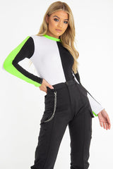 White Black and Neon Green Contrast Long Sleeved Bodysuit - Lareen-Bodysuits