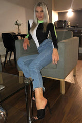 White Black and Neon Green Contrast Long Sleeved Bodysuit - Lareen-Bodysuits