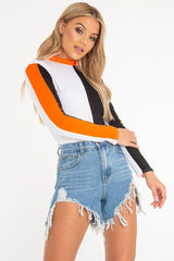 White Black and Neon Orange Contrast Long Sleeved Bodysuit - Lareen-Bodysuits
