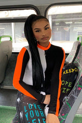 White Black and Neon Orange Contrast Long Sleeved Bodysuit - Lareen-Bodysuits