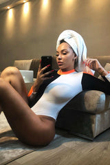 White Black and Neon Orange Contrast Long Sleeved Bodysuit - Lareen-Bodysuits