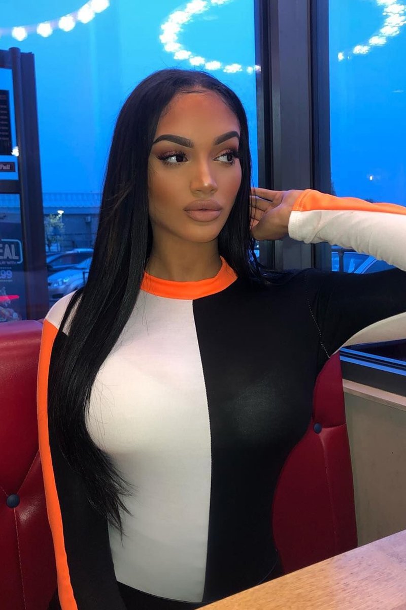 White Black and Neon Orange Contrast Long Sleeved Bodysuit - Lareen-Bodysuits