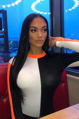 White Black and Neon Orange Contrast Long Sleeved Bodysuit - Lareen-Bodysuits