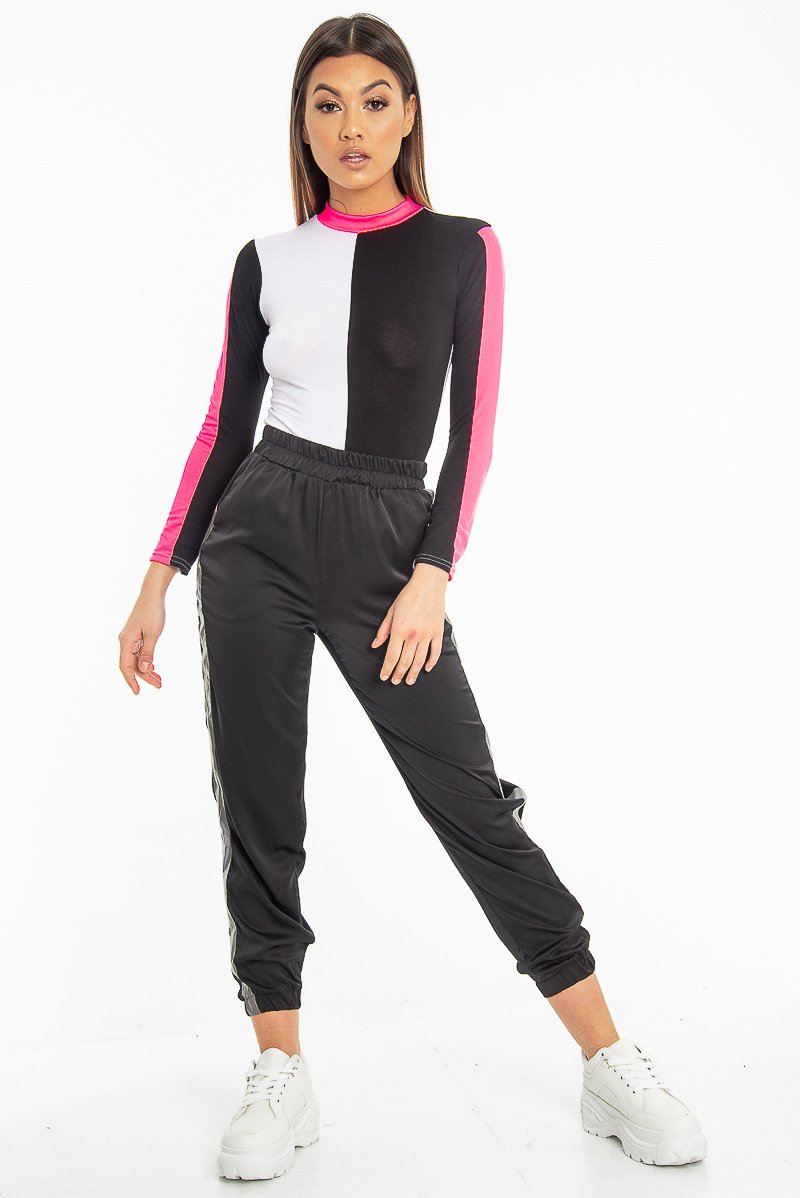 White Black and Neon Pink Contrast Long Sleeved Bodysuit - Lareen-Bodysuits