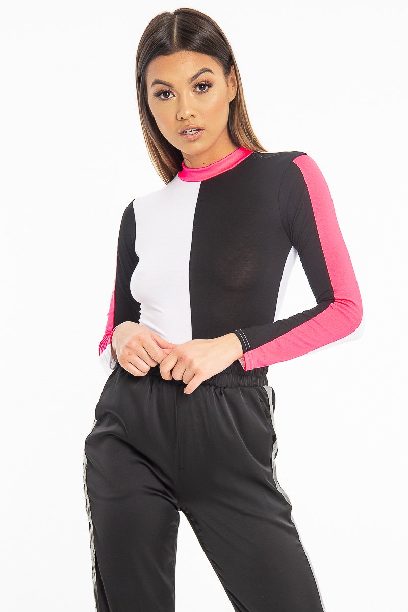White Black and Neon Pink Contrast Long Sleeved Bodysuit - Lareen-Bodysuits