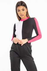 White Black and Neon Pink Contrast Long Sleeved Bodysuit - Lareen-Bodysuits