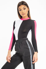 White Black and Neon Pink Contrast Long Sleeved Bodysuit - Lareen-Bodysuits