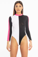 White Black and Neon Pink Contrast Long Sleeved Bodysuit - Lareen-Bodysuits