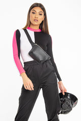 White Black and Neon Pink Contrast Long Sleeved Bodysuit - Lareen-Bodysuits