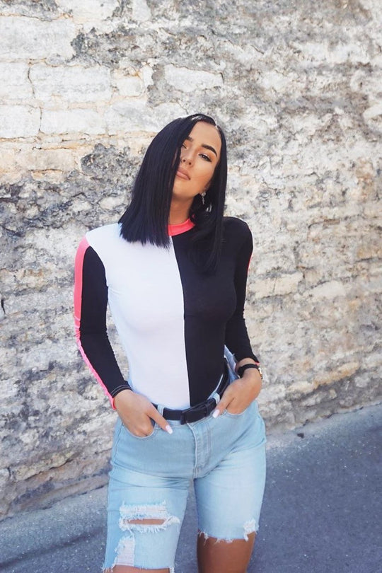 White Black and Neon Pink Contrast Long Sleeved Bodysuit - Lareen