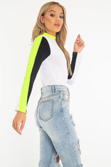White Black and Neon Yellow Contrast Long Sleeved Bodysuit - Lareen-Bodysuits