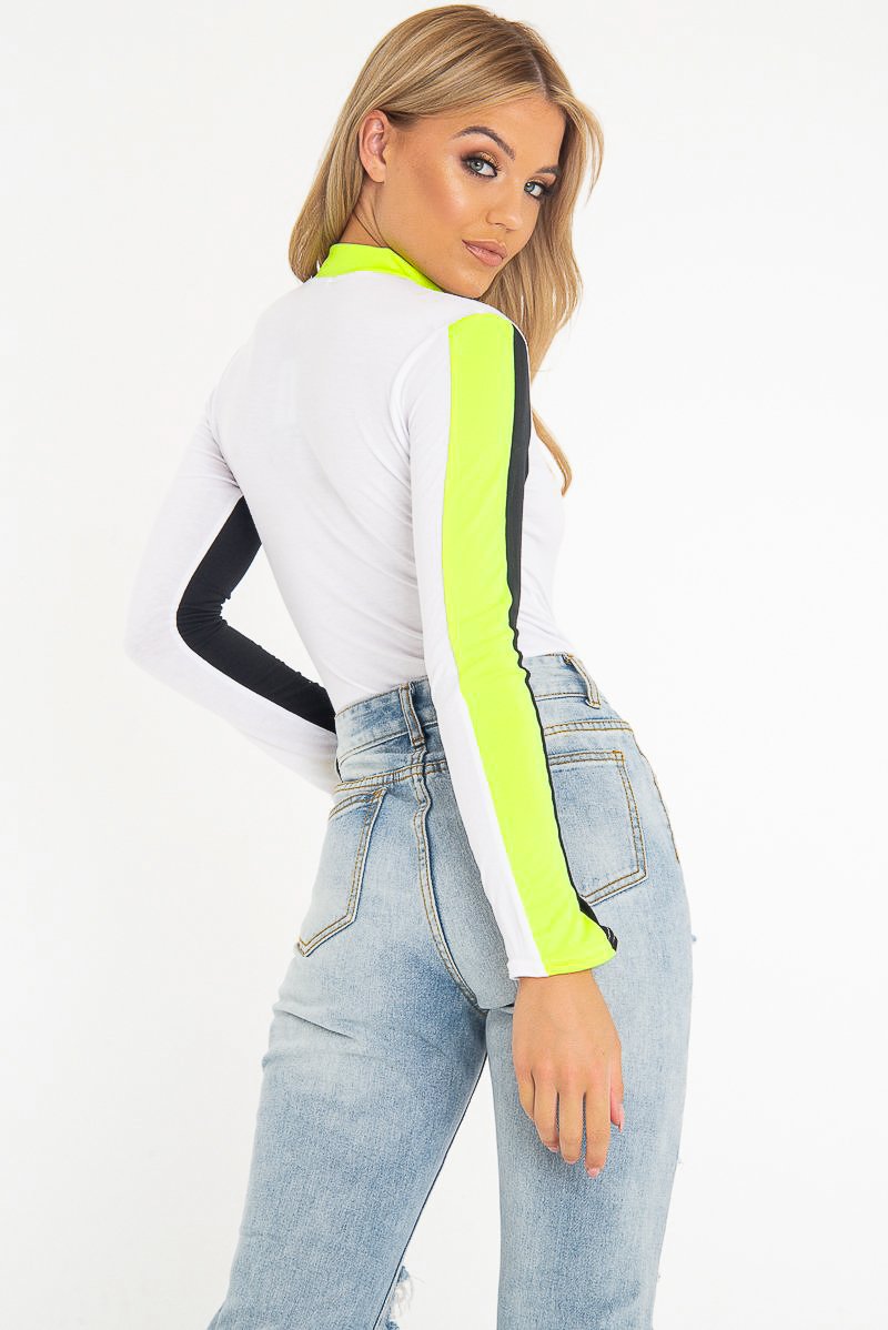 White Black and Neon Yellow Contrast Long Sleeved Bodysuit - Lareen-Bodysuits