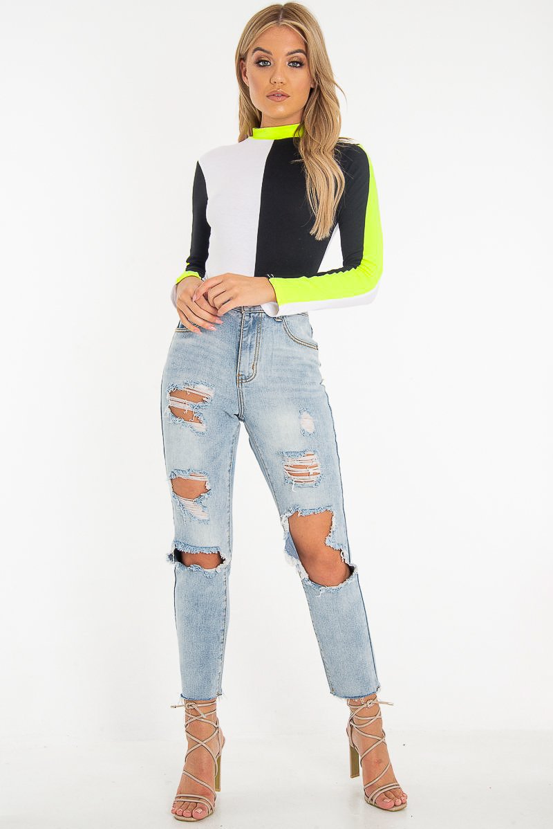White Black and Neon Yellow Contrast Long Sleeved Bodysuit - Lareen-Bodysuits