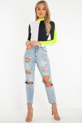 White Black and Neon Yellow Contrast Long Sleeved Bodysuit - Lareen-Bodysuits