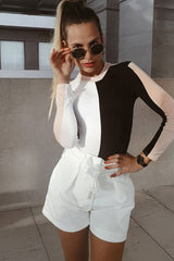 White Black and Nude Contrast Long Sleeved Bodysuit - Lareen-Bodysuits