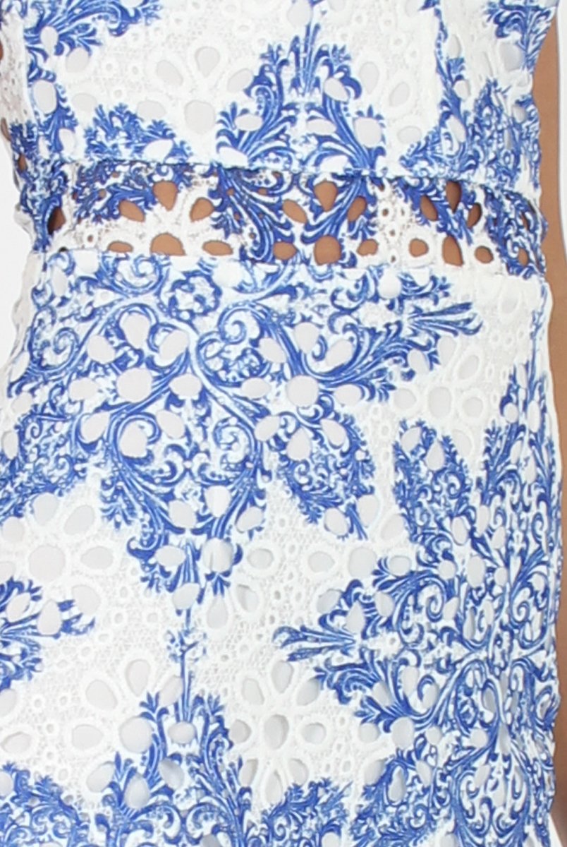 White & Blue Crochet V Front Dress - Dacia-Dresses