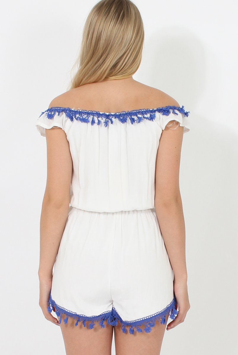 White & Blue Crochet V Front Playsuit - Florence-Playsuits