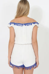 White & Blue Crochet V Front Playsuit - Florence-Playsuits