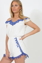 White & Blue Crochet V Front Playsuit - Florence-Playsuits