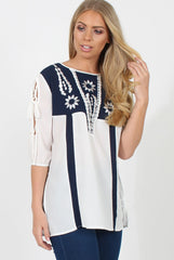 White & Blue Embroidered Top - Heather-Tops