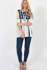 White & Blue Embroidered Top - Heather-Tops