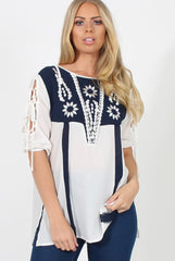 White & Blue Embroidered Top - Heather-Tops