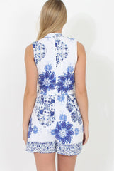 White & Blue High Neck Cut Out Playsuit - Tabitha-Playsuits