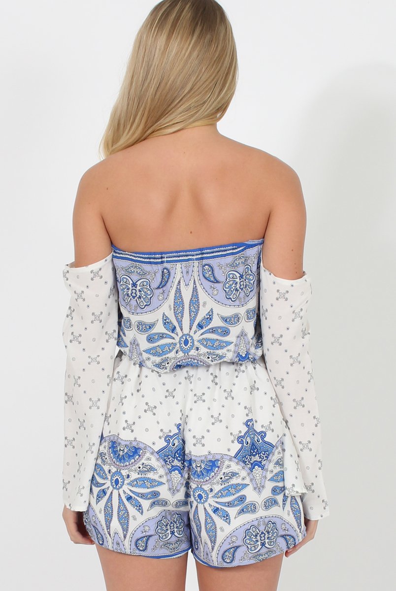 White & Blue Print Bardot Playsuit - Cammy-Playsuits