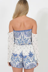 White & Blue Print Bardot Playsuit - Cammy-Playsuits