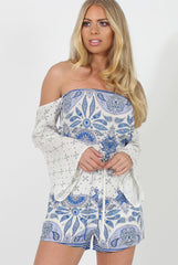 White & Blue Print Bardot Playsuit - Cammy-Playsuits