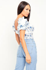 White Blue Printed Corset Crop Top - Kindra-Crop Tops