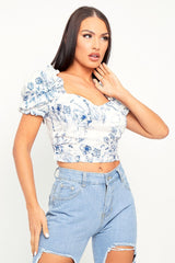 White Blue Printed Corset Crop Top - Kindra-Crop Tops