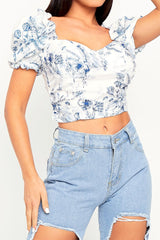 White Blue Printed Corset Crop Top - Kindra-Crop Tops