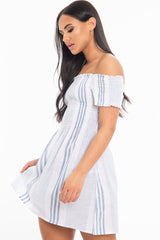 White Blue Stripe Shirred Bardot Woven Mini Dress - Artemis-Dresses
